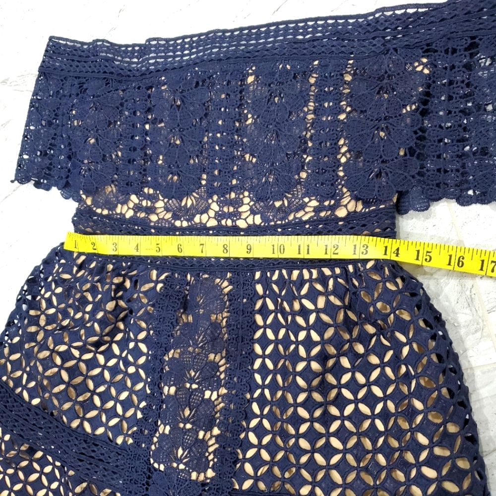 Off-Shoulder Navy Lace Midi Dress - Picture 7 of 9